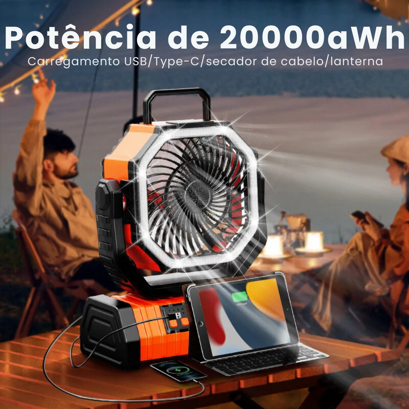 VentCAMP - Ventilador Recarregável Portátil com luz LED de 20.000MAh e Painel Solar (ÚLTIMAS UNIDADES)