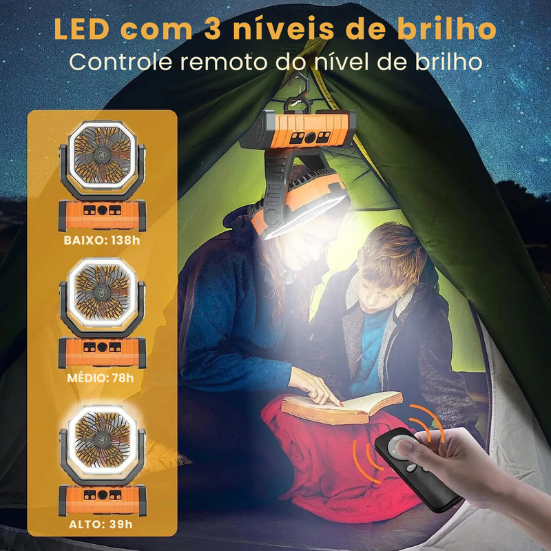 VentCAMP - Ventilador Recarregável Portátil com luz LED de 20.000MAh e Painel Solar (ÚLTIMAS UNIDADES)