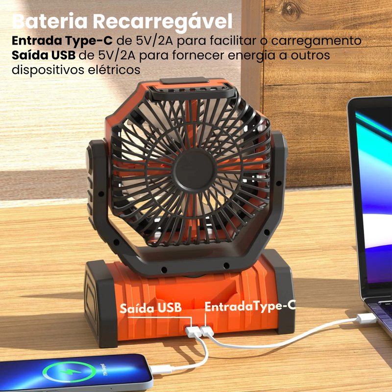 VentCAMP - Ventilador Recarregável Portátil com luz LED de 20.000MAh e Painel Solar (ÚLTIMAS UNIDADES)